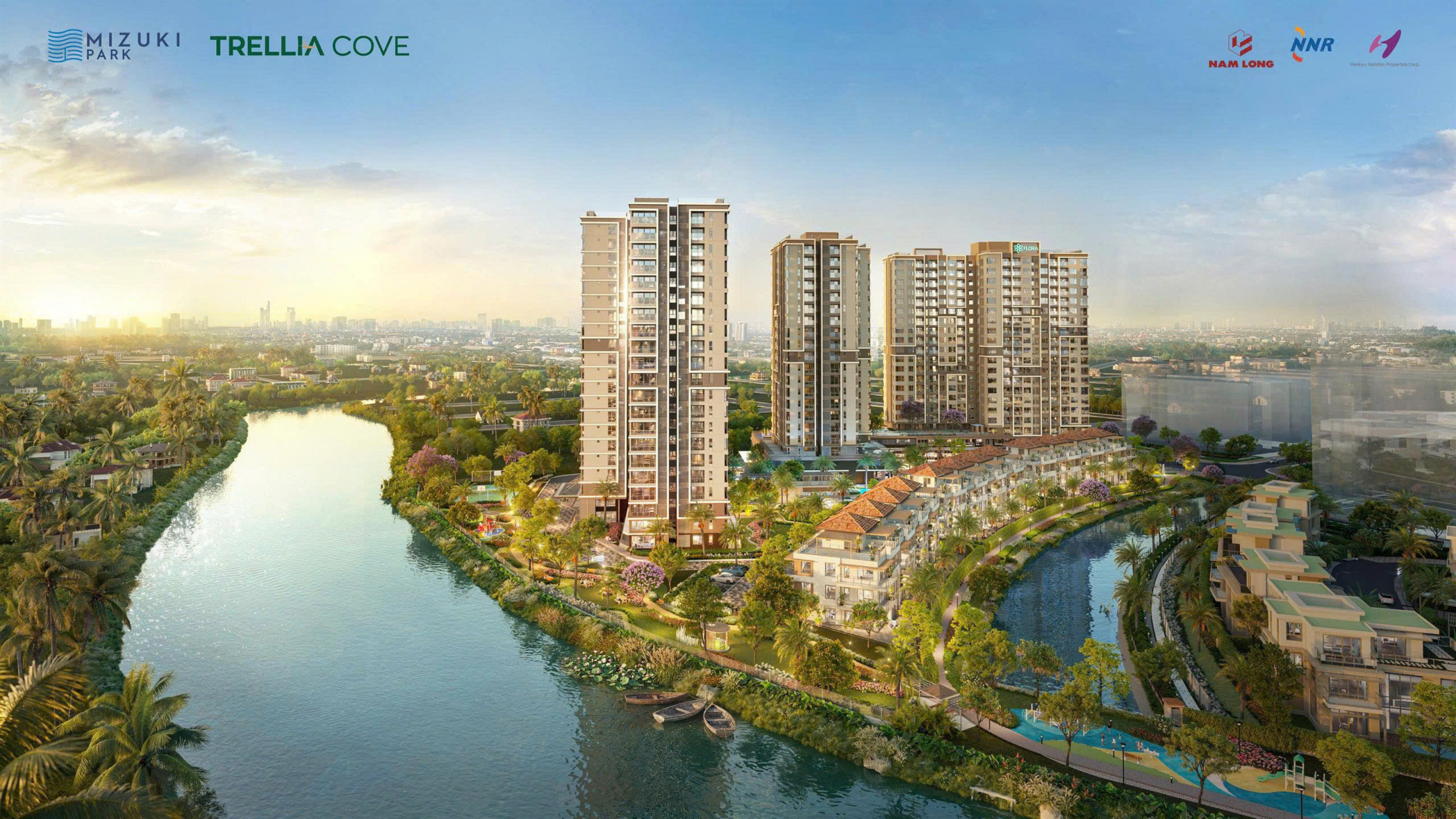 Phối cảnh Trellia Cove Mizuki Park nổi bật với không gian sống ven sông đẳng cấp, bao quanh bởi kênh đào xanh mát và hệ tiện ích hiện đại. Dự án sở hữu thiết kế sang trọng, kiến tạo chuẩn sống nghỉ dưỡng giữa lòng Nam Sài Gòn, mang đến môi trường an cư lý tưởng và tiềm năng đầu tư bền vững.